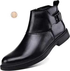Men's Genuine Leather Buckle Dress Chelsea Boots with Side Zipper Fashion Pointed Toe Waterproof Non-Slip Casual Business Formal Booties