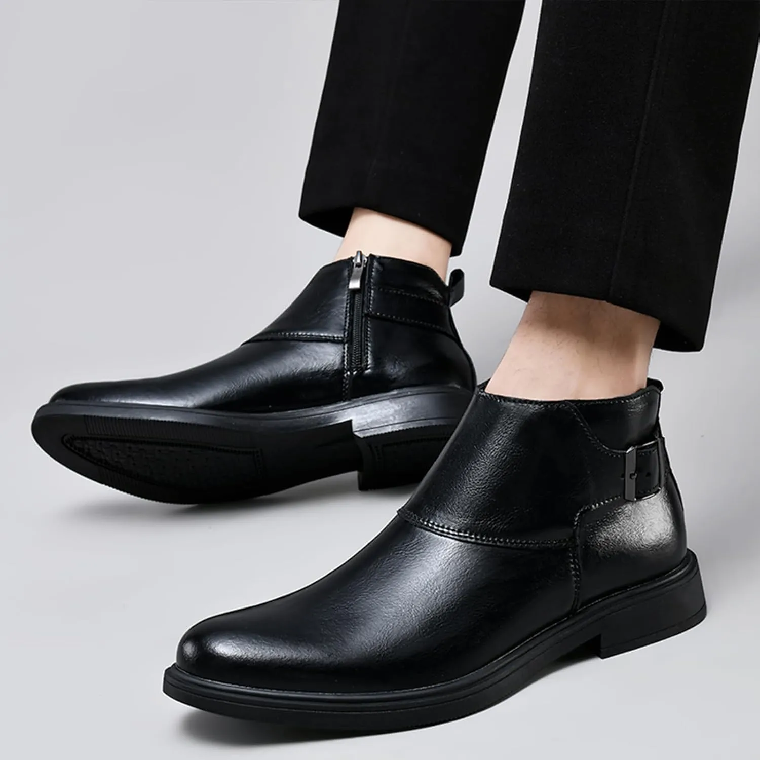 Men's Genuine Leather Buckle Dress Chelsea Boots with Side Zipper Fashion Pointed Toe Waterproof Non-Slip Casual Business Formal Booties