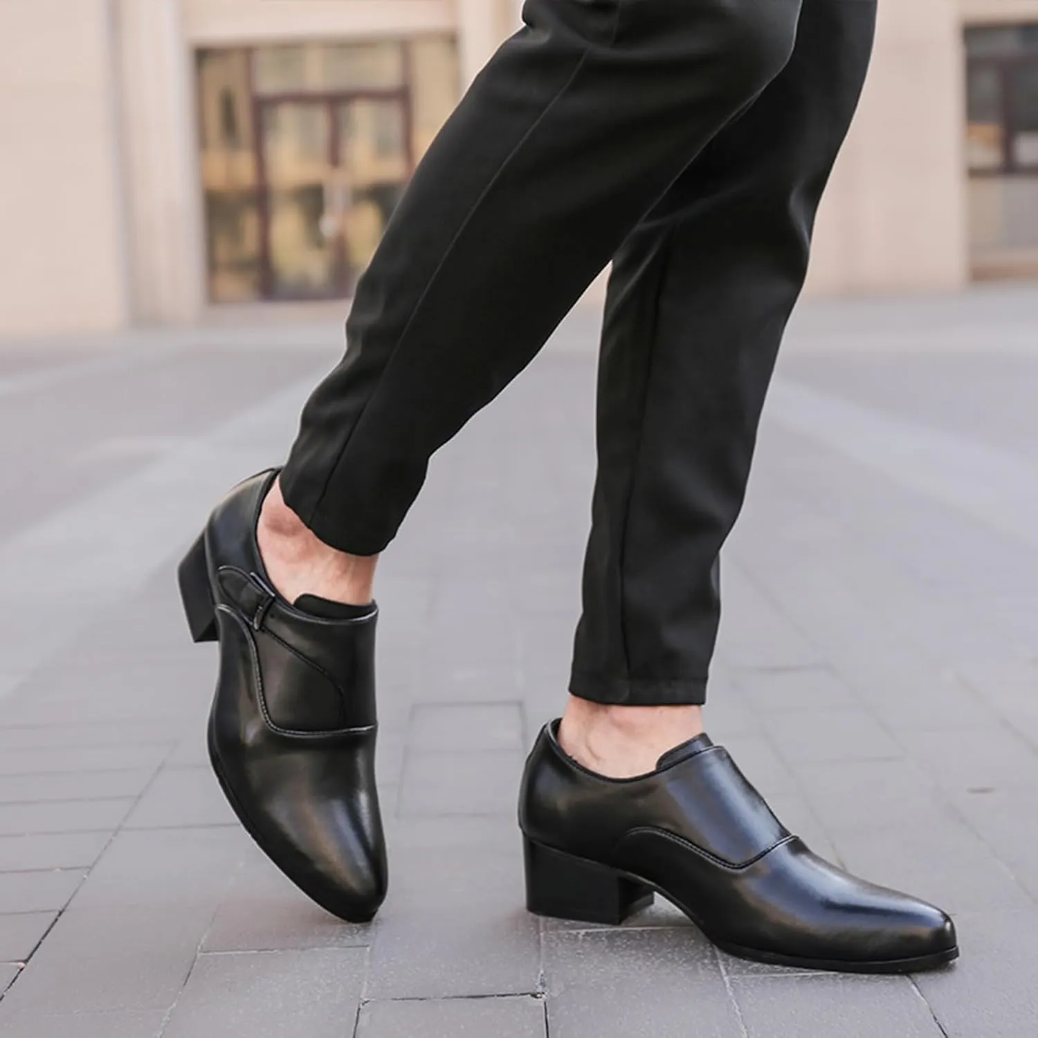 Men's Genuine Leather Chunky Heel Monk Strap Dress Loafers Fashion Classic Pointed Toe Low Top High Heel Slip On Chelsea Oxford Shoes Casual Business Formal Shoes