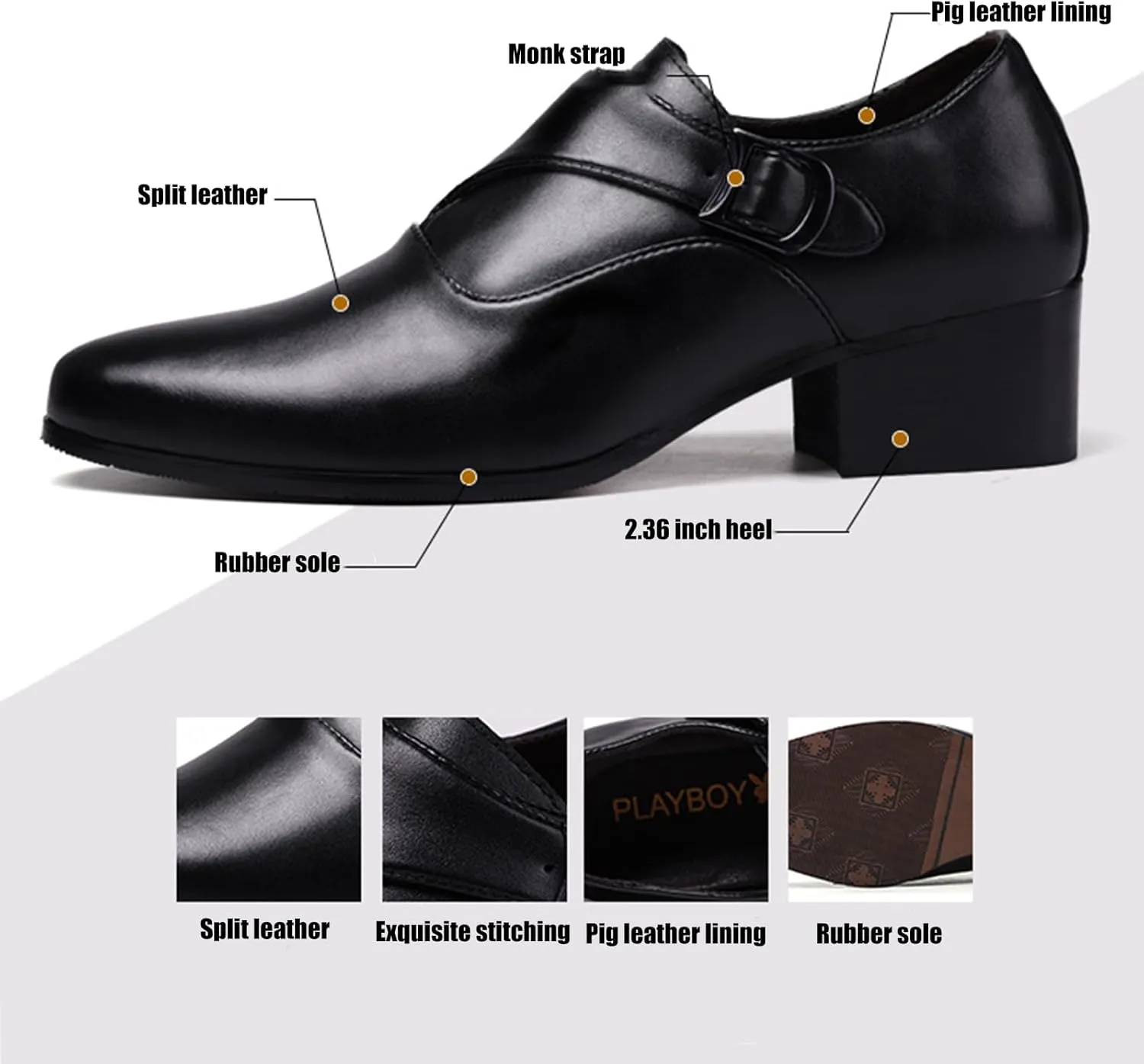 Men's Genuine Leather Chunky Heel Monk Strap Dress Loafers Fashion Classic Pointed Toe Low Top High Heel Slip On Chelsea Oxford Shoes Casual Business Formal Shoes