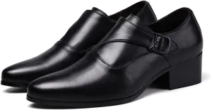 Men's Genuine Leather Chunky Heel Monk Strap Dress Loafers Fashion Classic Pointed Toe Low Top High Heel Slip On Chelsea Oxford Shoes Casual Business Formal Shoes
