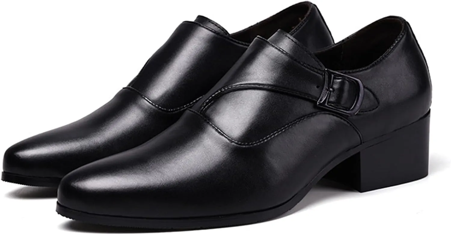 Men's Genuine Leather Chunky Heel Monk Strap Dress Loafers Fashion Classic Pointed Toe Low Top High Heel Slip On Chelsea Oxford Shoes Casual Business Formal Shoes