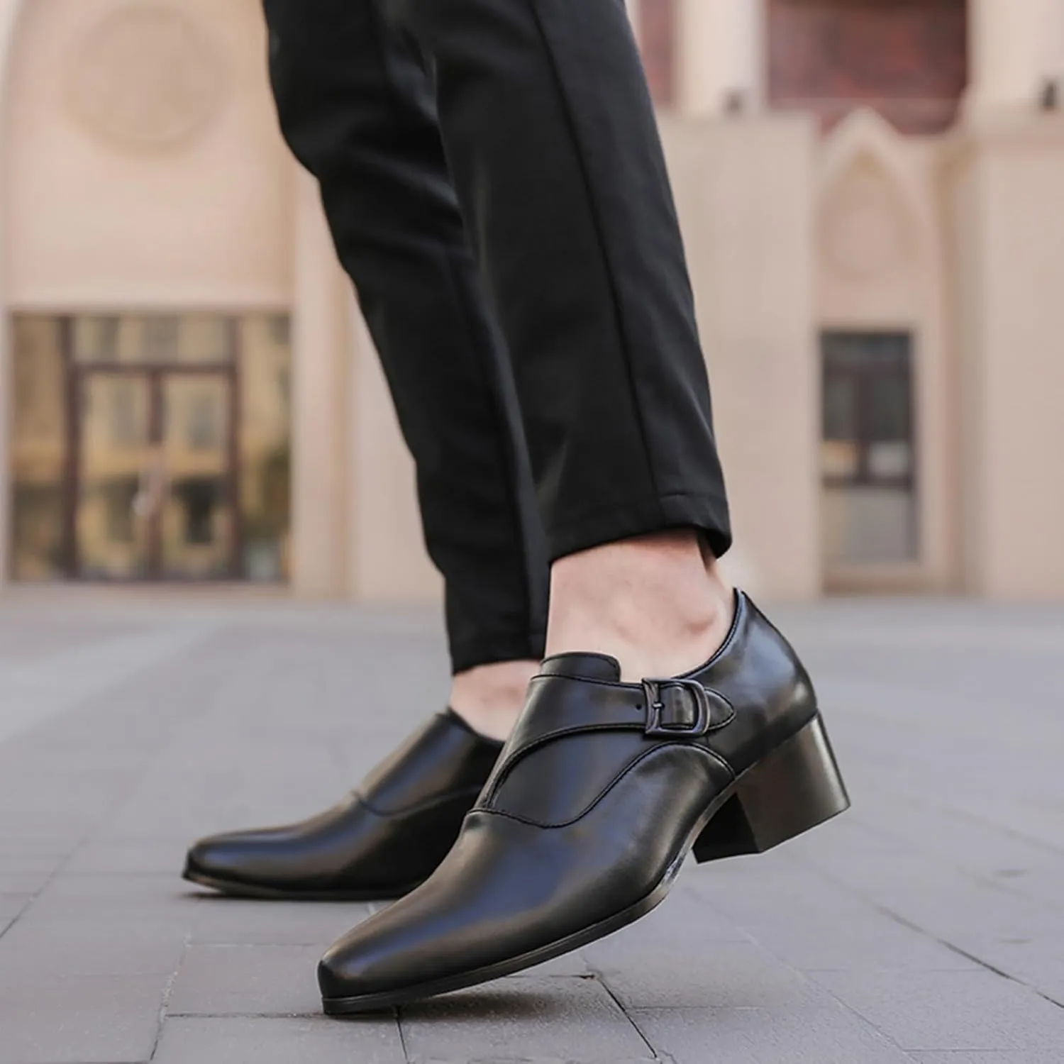 Men's Genuine Leather Chunky Heel Monk Strap Dress Loafers Fashion Classic Pointed Toe Low Top High Heel Slip On Chelsea Oxford Shoes Casual Business Formal Shoes