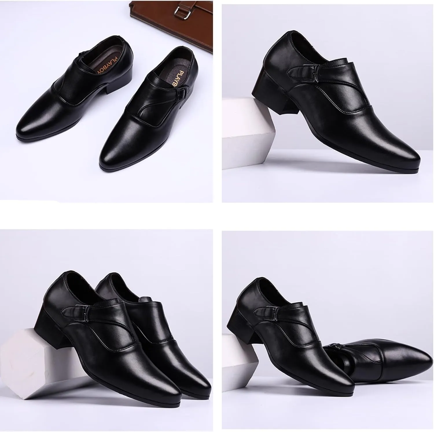 Men's Genuine Leather Chunky Heel Monk Strap Dress Loafers Fashion Classic Pointed Toe Low Top High Heel Slip On Chelsea Oxford Shoes Casual Business Formal Shoes