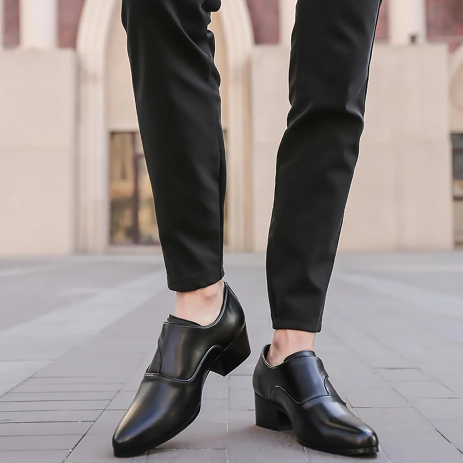 Men's Genuine Leather Chunky Heel Monk Strap Dress Loafers Fashion Classic Pointed Toe Low Top High Heel Slip On Chelsea Oxford Shoes Casual Business Formal Shoes