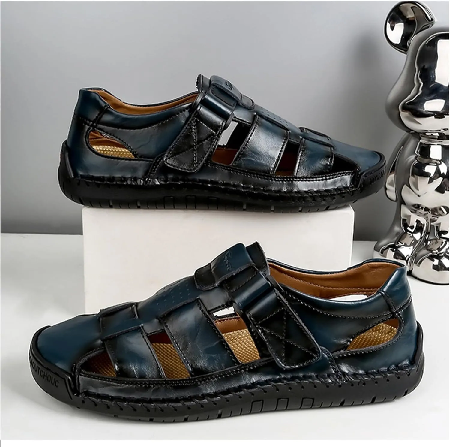 Men's Genuine Leather Handmade Hook Loop Fisherman Sandals Comfortable Hollow Non-Slip Walking Flats Slip On Closed Toe Soft Sole Breathable Summer Loafer Sandals