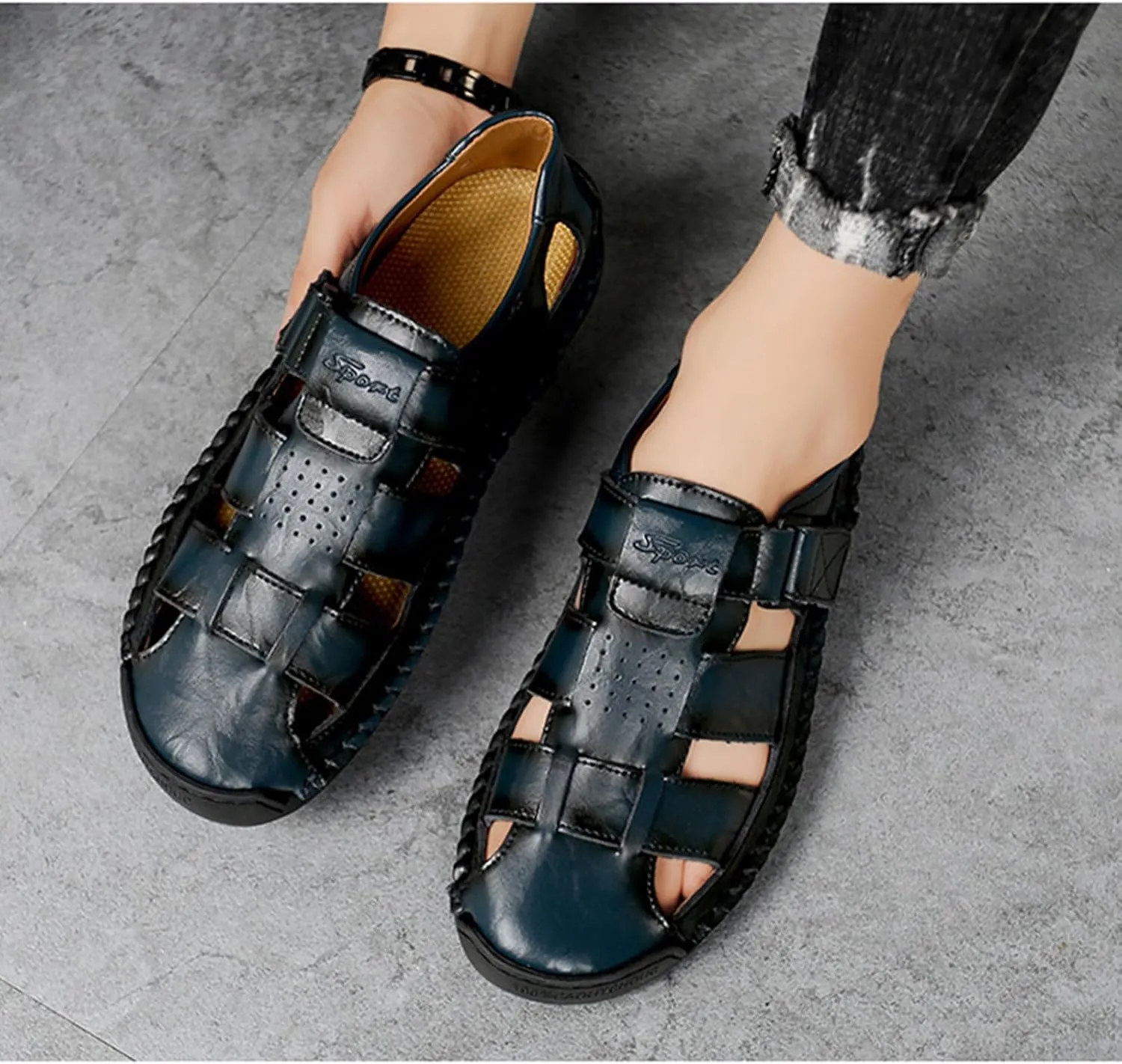 Men's Genuine Leather Handmade Hook Loop Fisherman Sandals Comfortable Hollow Non-Slip Walking Flats Slip On Closed Toe Soft Sole Breathable Summer Loafer Sandals