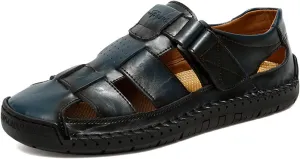 Men's Genuine Leather Handmade Hook Loop Fisherman Sandals Comfortable Hollow Non-Slip Walking Flats Slip On Closed Toe Soft Sole Breathable Summer Loafer Sandals