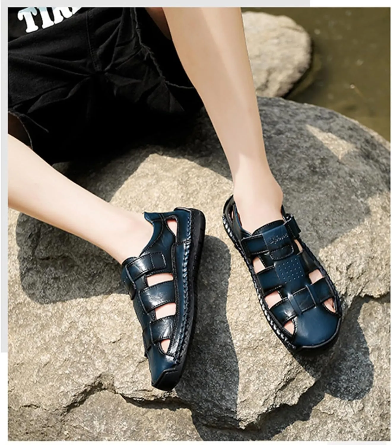 Men's Genuine Leather Handmade Hook Loop Fisherman Sandals Comfortable Hollow Non-Slip Walking Flats Slip On Closed Toe Soft Sole Breathable Summer Loafer Sandals
