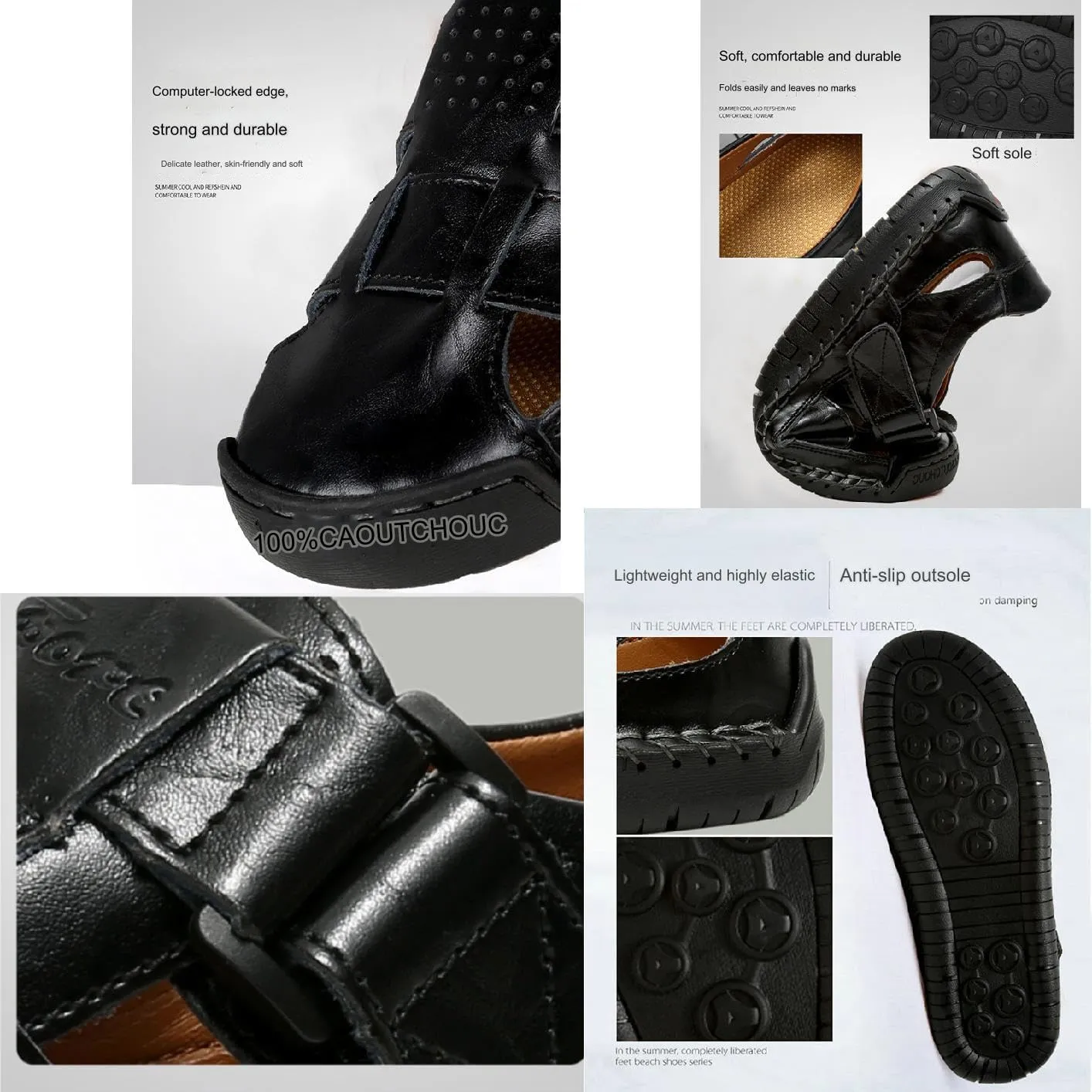 Men's Genuine Leather Handmade Hook Loop Fisherman Sandals Comfortable Hollow Non-Slip Walking Flats Slip On Closed Toe Soft Sole Breathable Summer Loafer Sandals