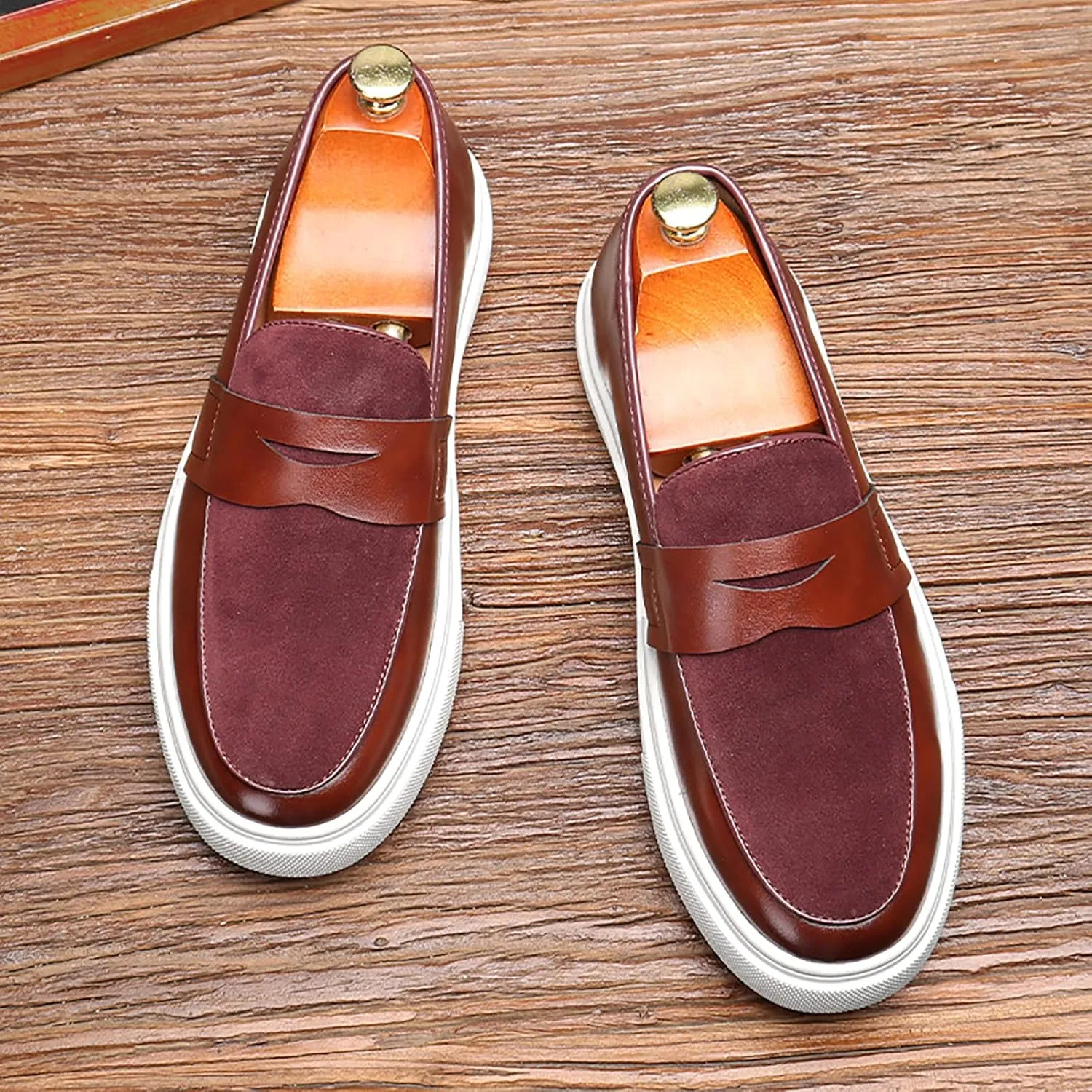 Men's Genuine Leather Splicing Slip-On Loafers Lightweight Non-Slip Driving Shoes Breathable Boat Sneakers for Walking Travel Office