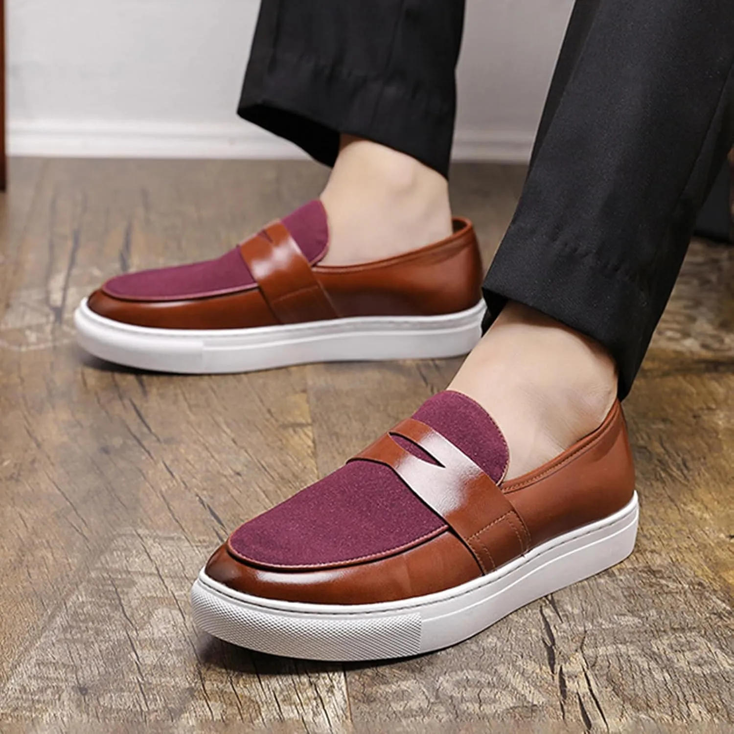 Men's Genuine Leather Splicing Slip-On Loafers Lightweight Non-Slip Driving Shoes Breathable Boat Sneakers for Walking Travel Office