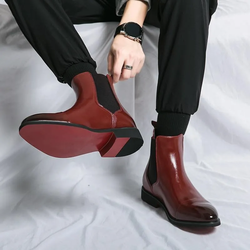 Men's Leather Chelsea Boots Fashion Pointed Toe Chunky Heel Non-Slip Business Slip-On Ankle Boots Work Walking Elastic Strap Short Boots