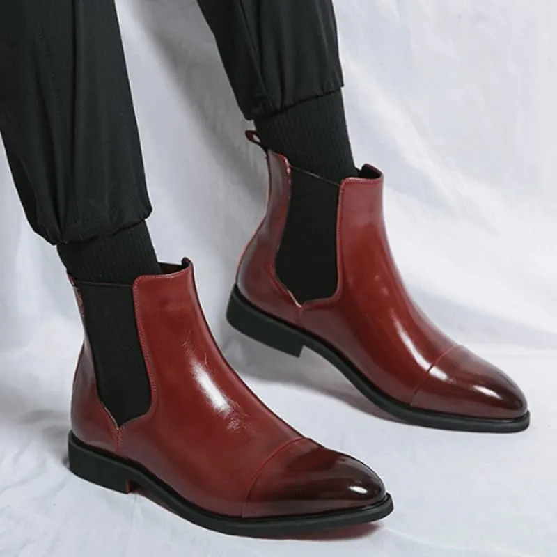 Men's Leather Chelsea Boots Fashion Pointed Toe Chunky Heel Non-Slip Business Slip-On Ankle Boots Work Walking Elastic Strap Short Boots