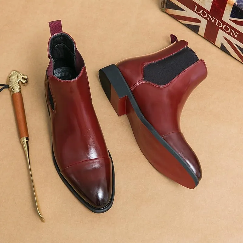Men's Leather Chelsea Boots Fashion Pointed Toe Chunky Heel Non-Slip Business Slip-On Ankle Boots Work Walking Elastic Strap Short Boots