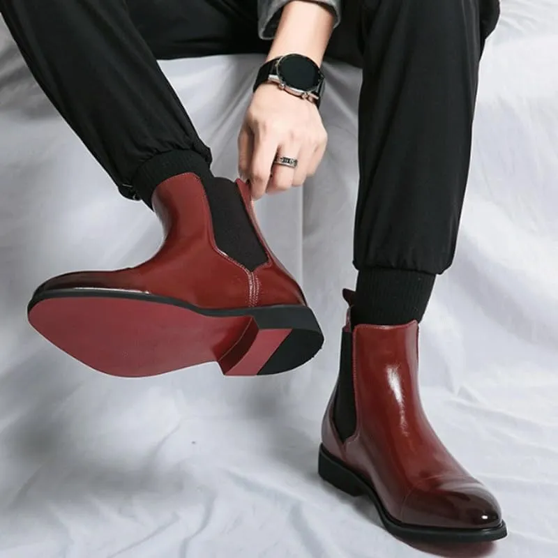 Men's Leather Chelsea Boots Fashion Pointed Toe Chunky Heel Non-Slip Business Slip-On Ankle Boots Work Walking Elastic Strap Short Boots