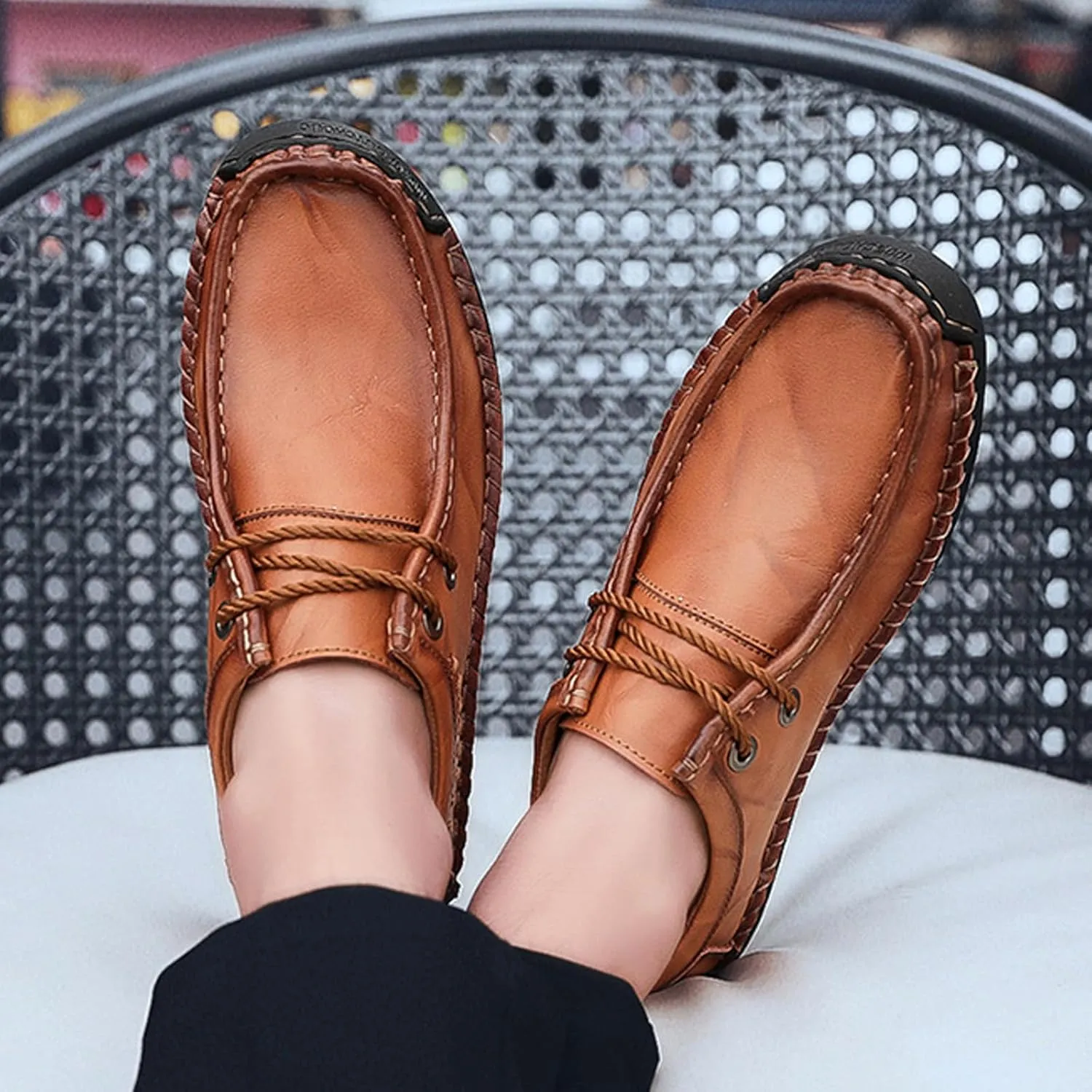 Men's Leather Lace-up Casual Shoes,Vintage Comfort Hand-Stitching Non-Slip Softsole Travel Work Dress Driving Loafers