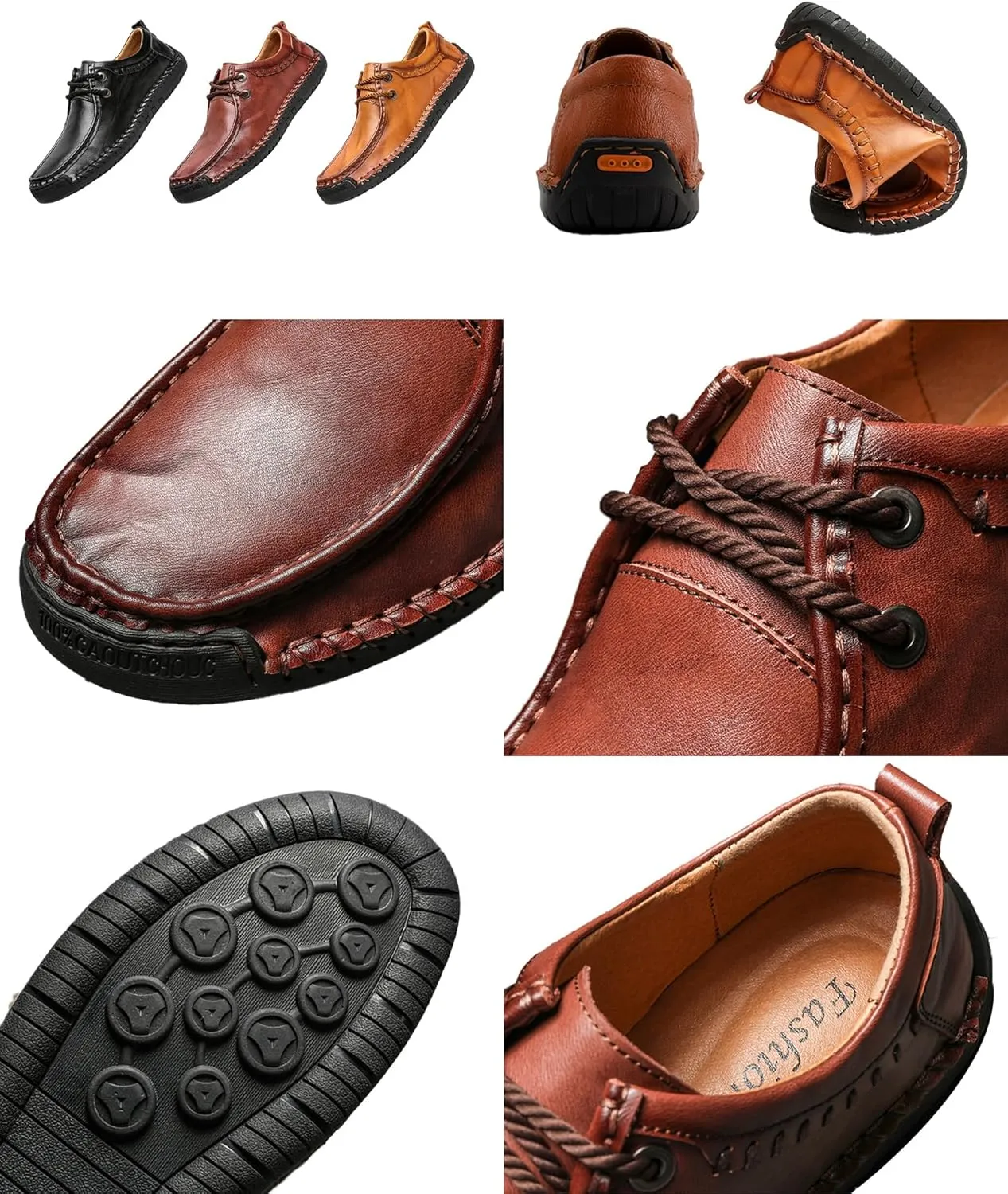 Men's Leather Lace-up Casual Shoes,Vintage Comfort Hand-Stitching Non-Slip Softsole Travel Work Dress Driving Loafers