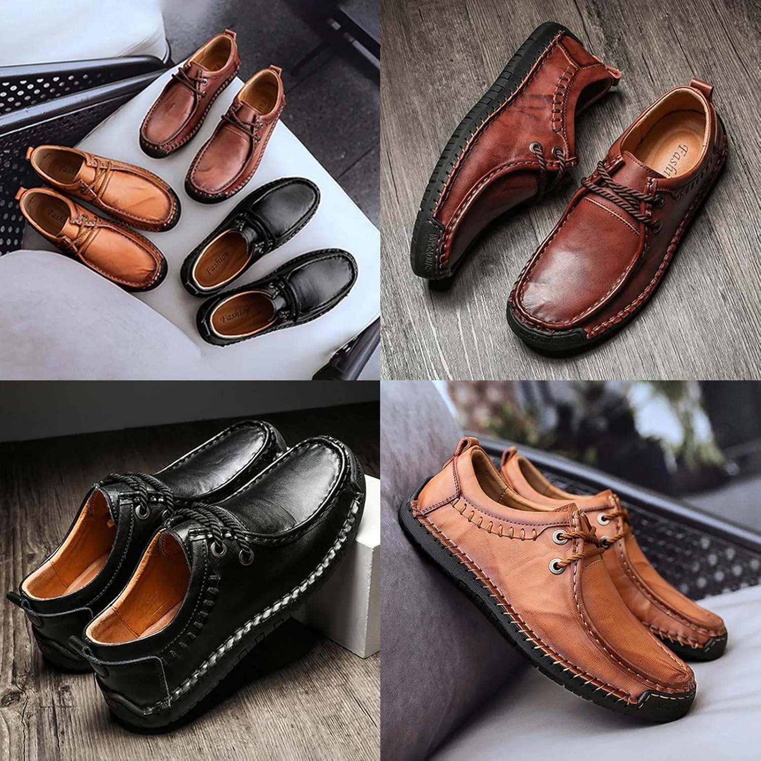 Men's Leather Lace-up Casual Shoes,Vintage Comfort Hand-Stitching Non-Slip Softsole Travel Work Dress Driving Loafers