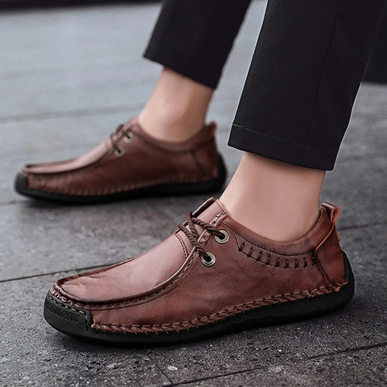 Men's Leather Lace-up Casual Shoes,Vintage Comfort Hand-Stitching Non-Slip Softsole Travel Work Dress Driving Loafers