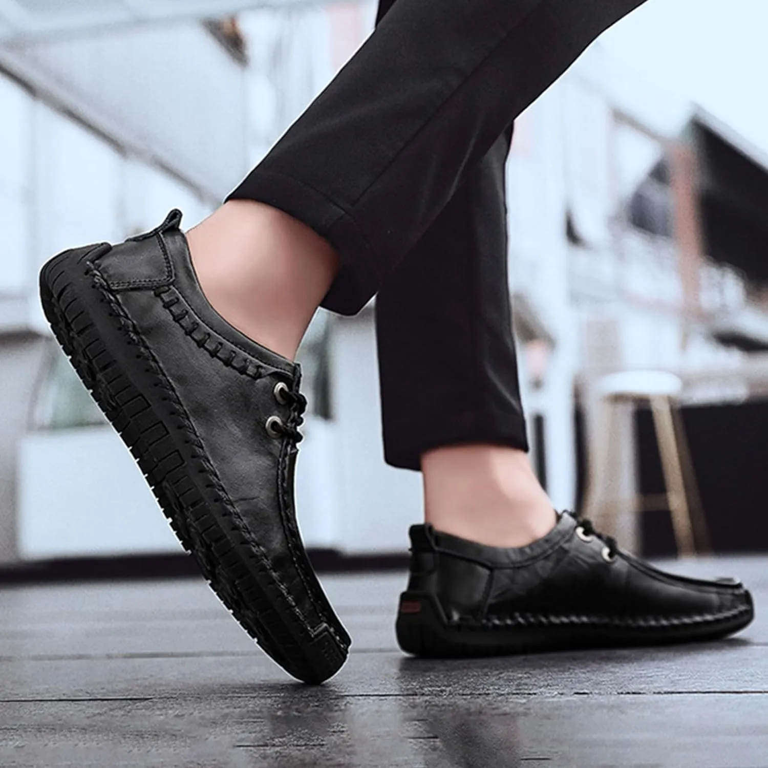 Men's Leather Lace-up Casual Shoes,Vintage Comfort Hand-Stitching Non-Slip Softsole Travel Work Dress Driving Loafers