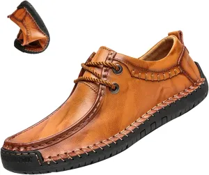 Men's Leather Lace-up Casual Shoes,Vintage Comfort Hand-Stitching Non-Slip Softsole Travel Work Dress Driving Loafers