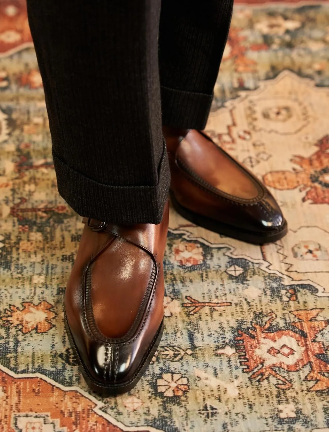 Men's Leather Monk Strap Dress Loafers, Blake Stitched, Buiness Dress Formal Shoes,Tuxedo Shoes for Men