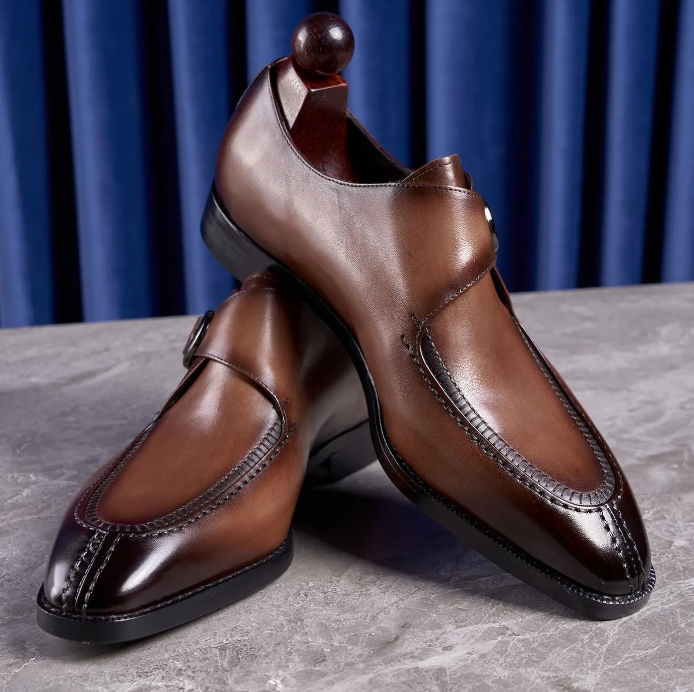 Men's Leather Monk Strap Dress Loafers, Blake Stitched, Buiness Dress Formal Shoes,Tuxedo Shoes for Men