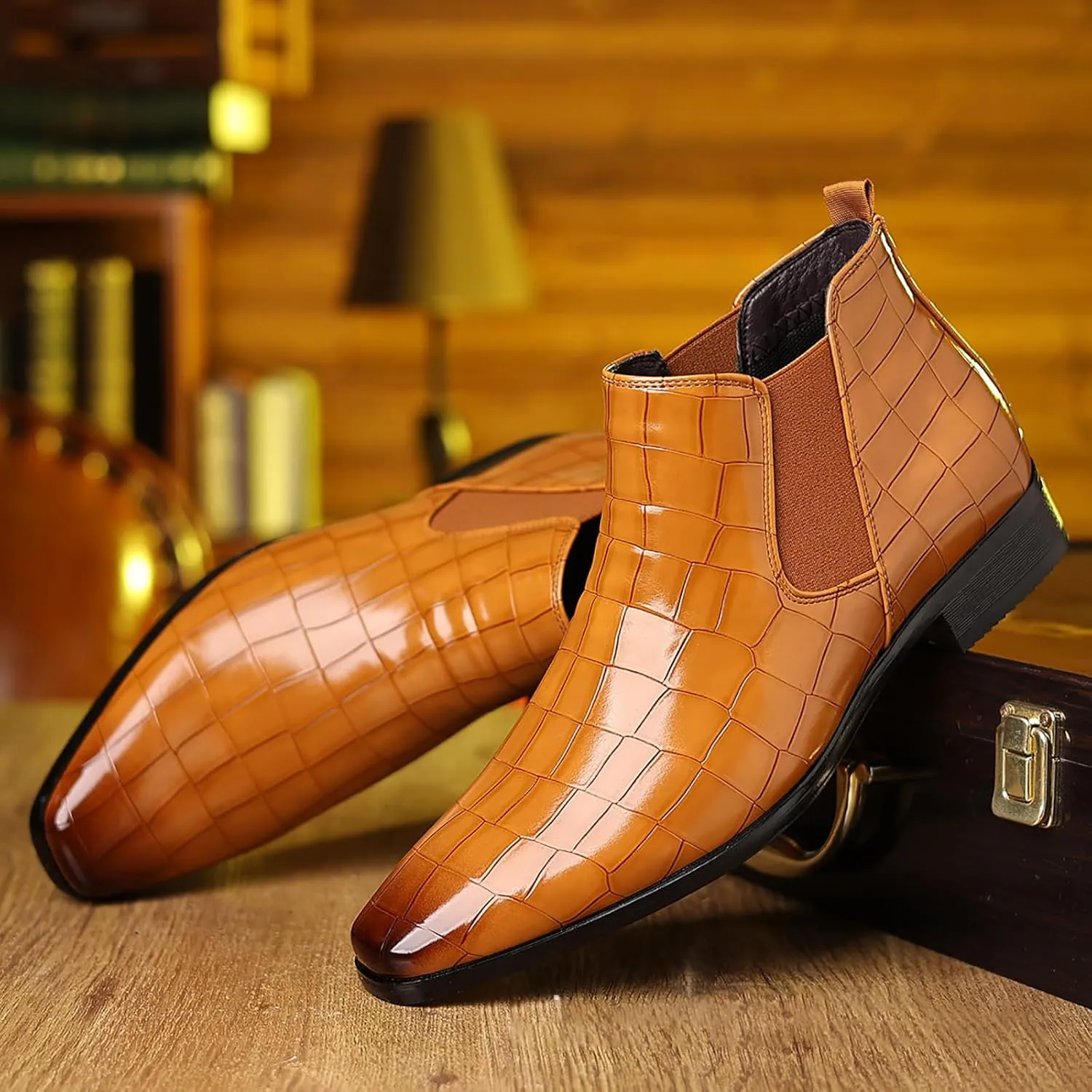 Men's Leather Print Slip On Chelsea Boots Comfortable High Top Pointed Toe Elastic Band Pull On Business Casual Dress Ankle Boots