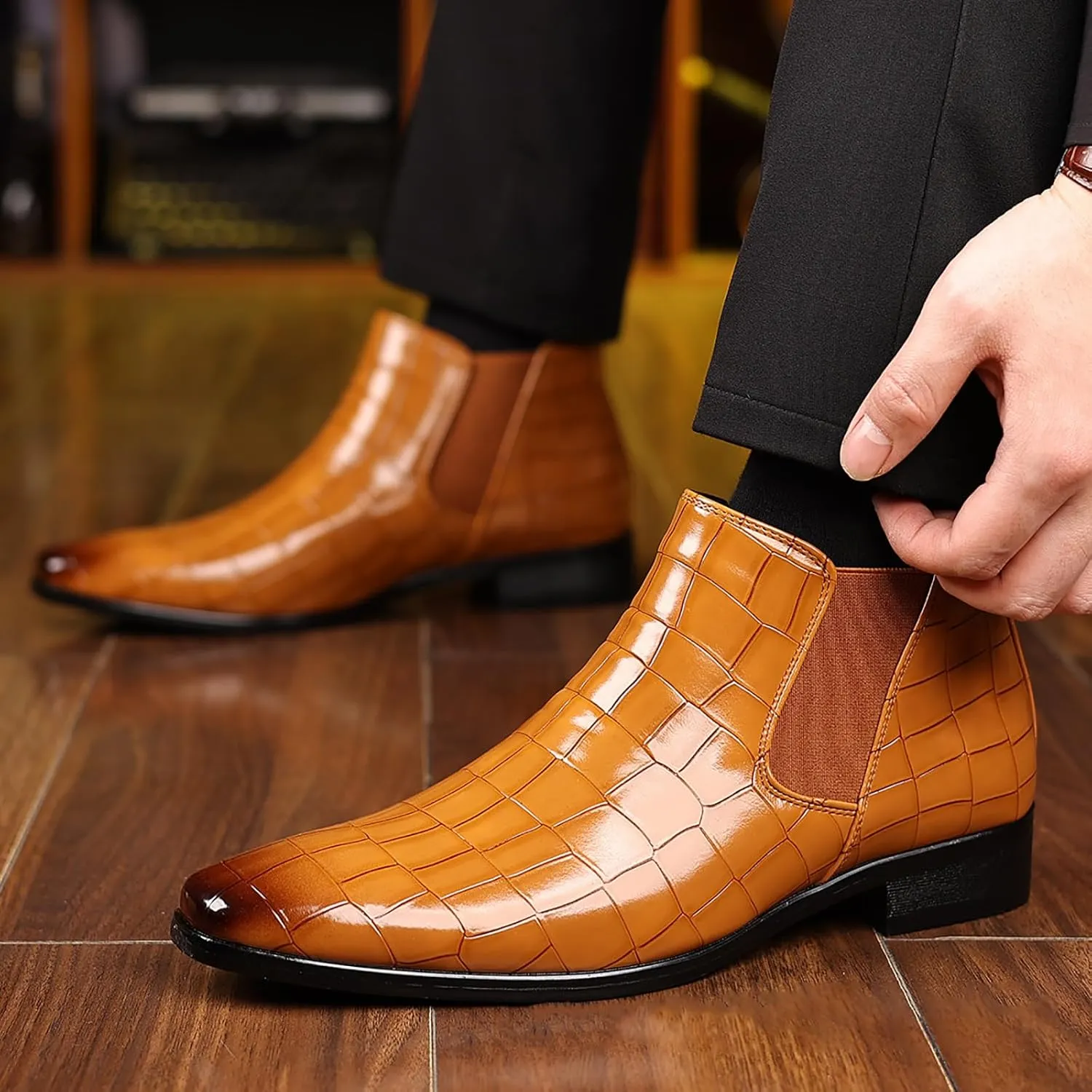 Men's Leather Print Slip On Chelsea Boots Comfortable High Top Pointed Toe Elastic Band Pull On Business Casual Dress Ankle Boots