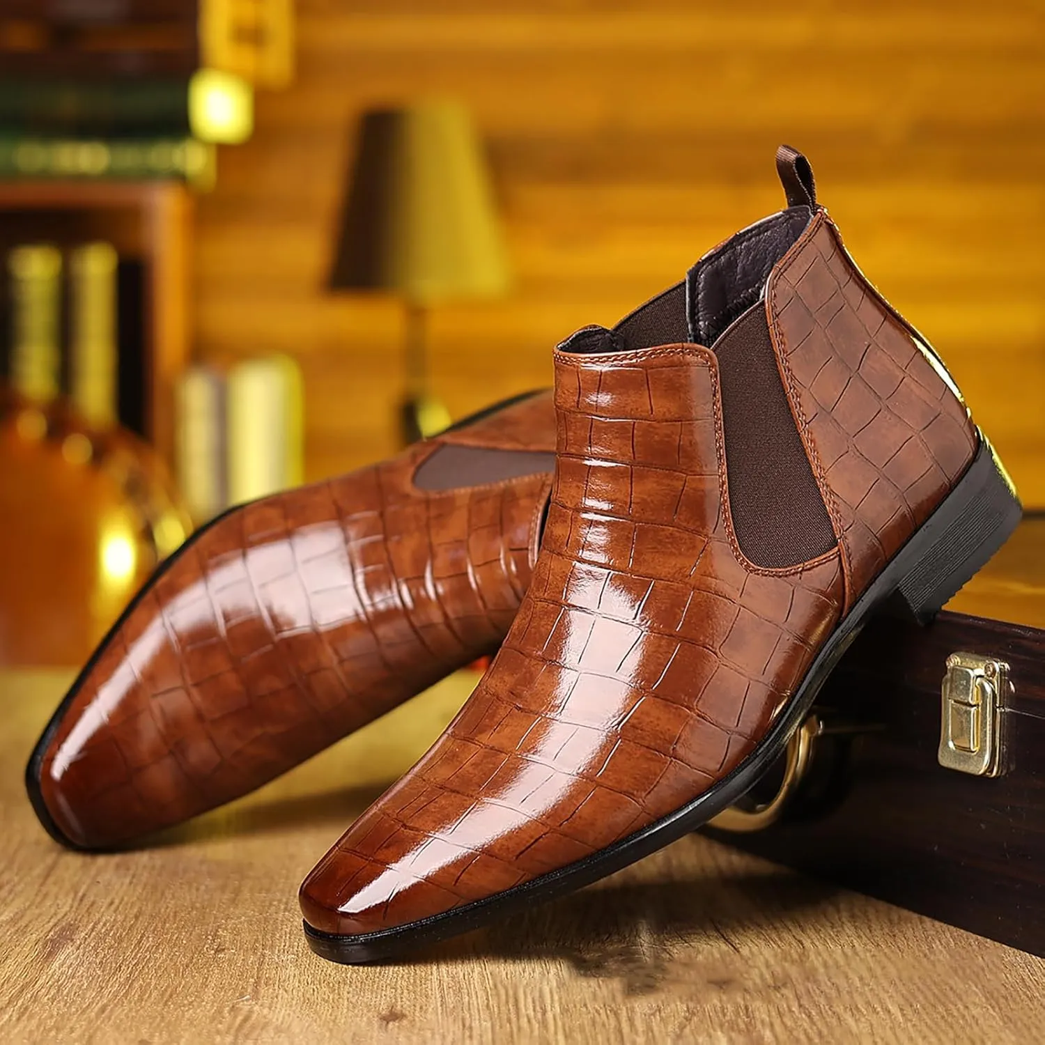 Men's Leather Print Slip On Chelsea Boots Comfortable High Top Pointed Toe Elastic Band Pull On Business Casual Dress Ankle Boots