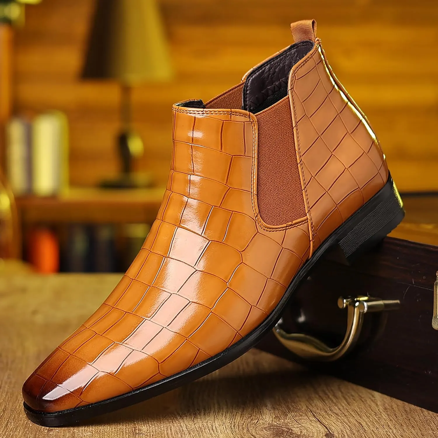 Men's Leather Print Slip On Chelsea Boots Comfortable High Top Pointed Toe Elastic Band Pull On Business Casual Dress Ankle Boots