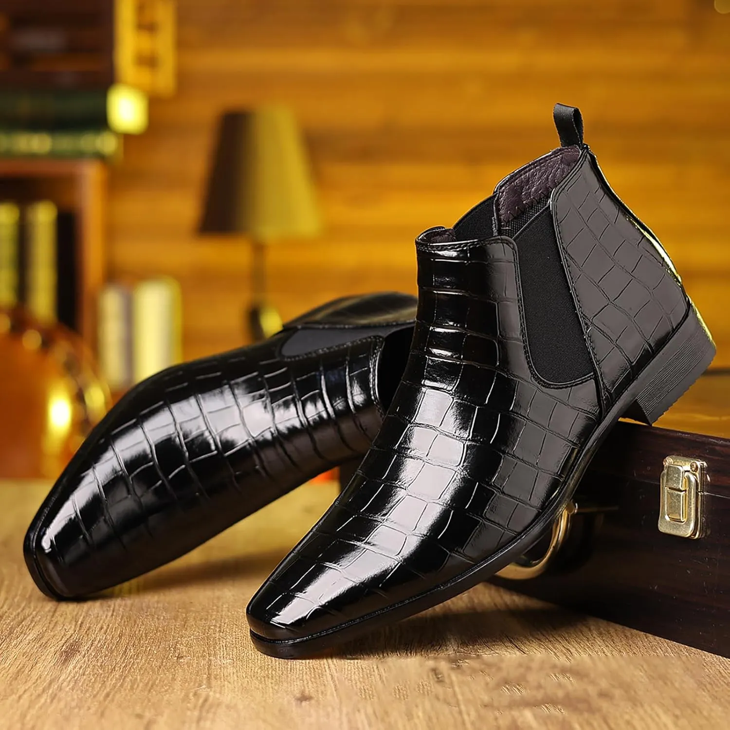 Men's Leather Print Slip On Chelsea Boots Comfortable High Top Pointed Toe Elastic Band Pull On Business Casual Dress Ankle Boots