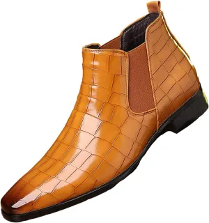 Men's Leather Print Slip On Chelsea Boots Comfortable High Top Pointed Toe Elastic Band Pull On Business Casual Dress Ankle Boots