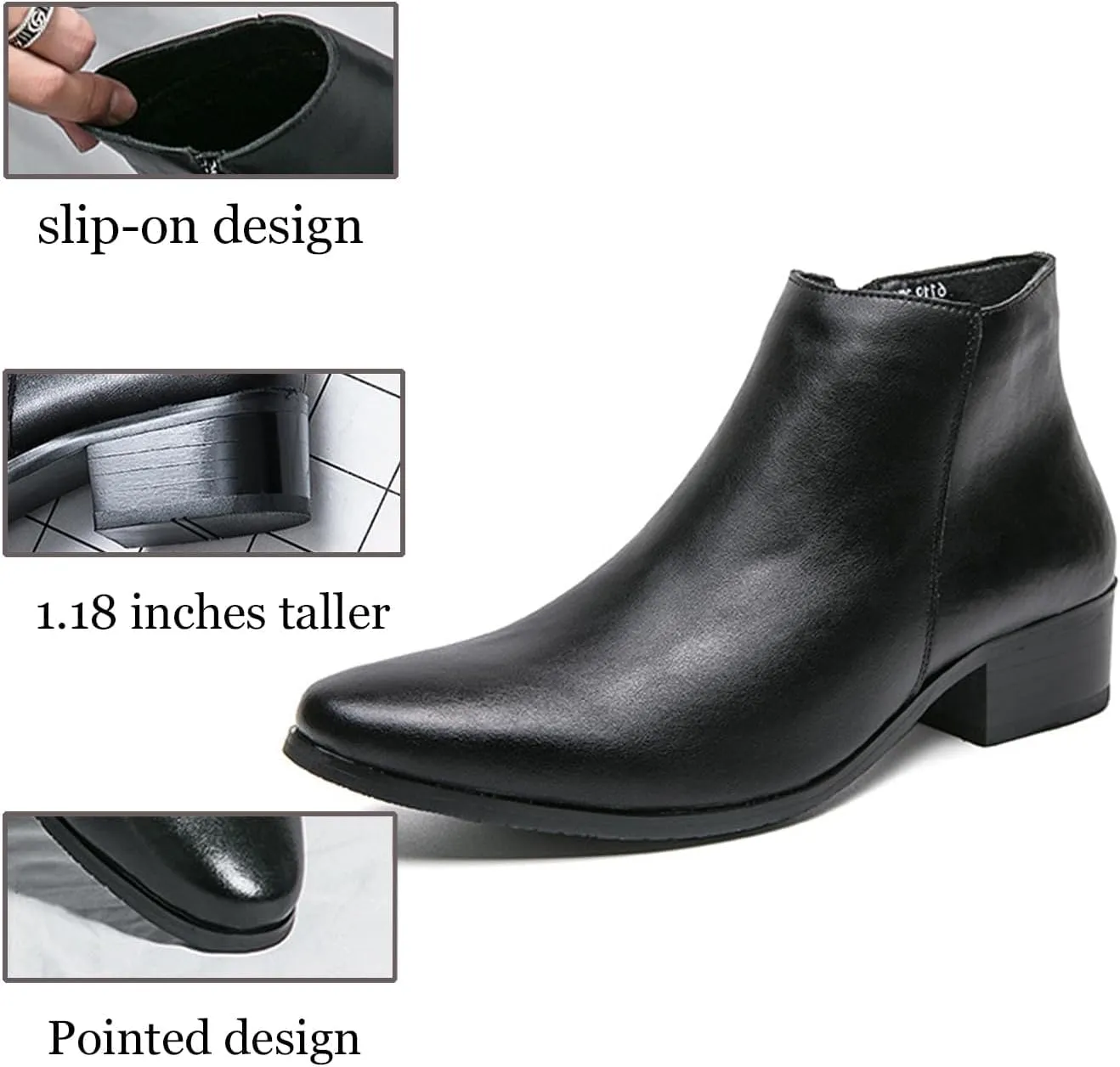 Men's Leather Slip on Dress Chelsea Ankle Boots with Side Zipper Casual Fashion Cowhide Pointed Toe Chunky Heel Oxfords Booties for Formal Events Working Business