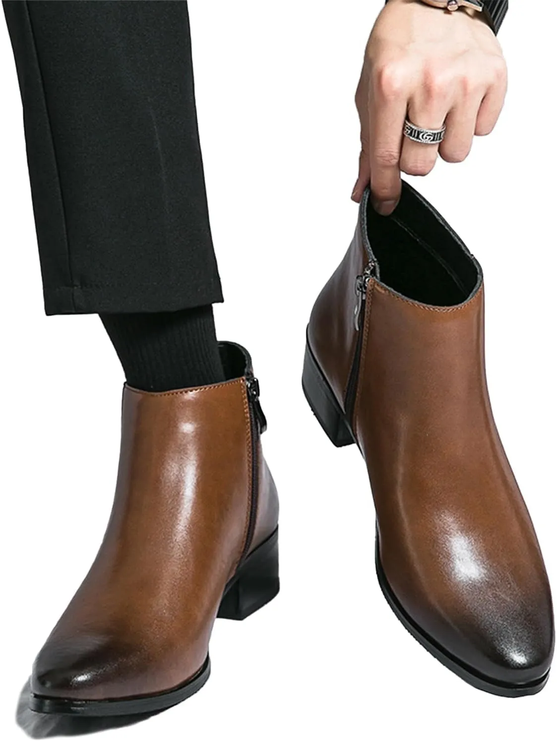 Men's Leather Slip on Dress Chelsea Ankle Boots with Side Zipper Casual Fashion Cowhide Pointed Toe Chunky Heel Oxfords Booties for Formal Events Working Business
