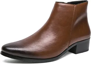 Men's Leather Slip on Dress Chelsea Ankle Boots with Side Zipper Casual Fashion Cowhide Pointed Toe Chunky Heel Oxfords Booties for Formal Events Working Business