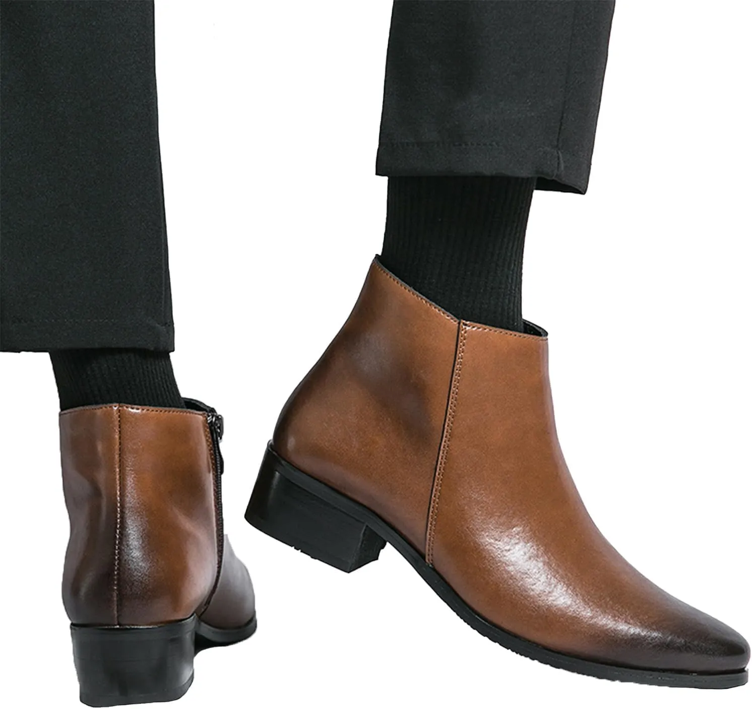 Men's Leather Slip on Dress Chelsea Ankle Boots with Side Zipper Casual Fashion Cowhide Pointed Toe Chunky Heel Oxfords Booties for Formal Events Working Business