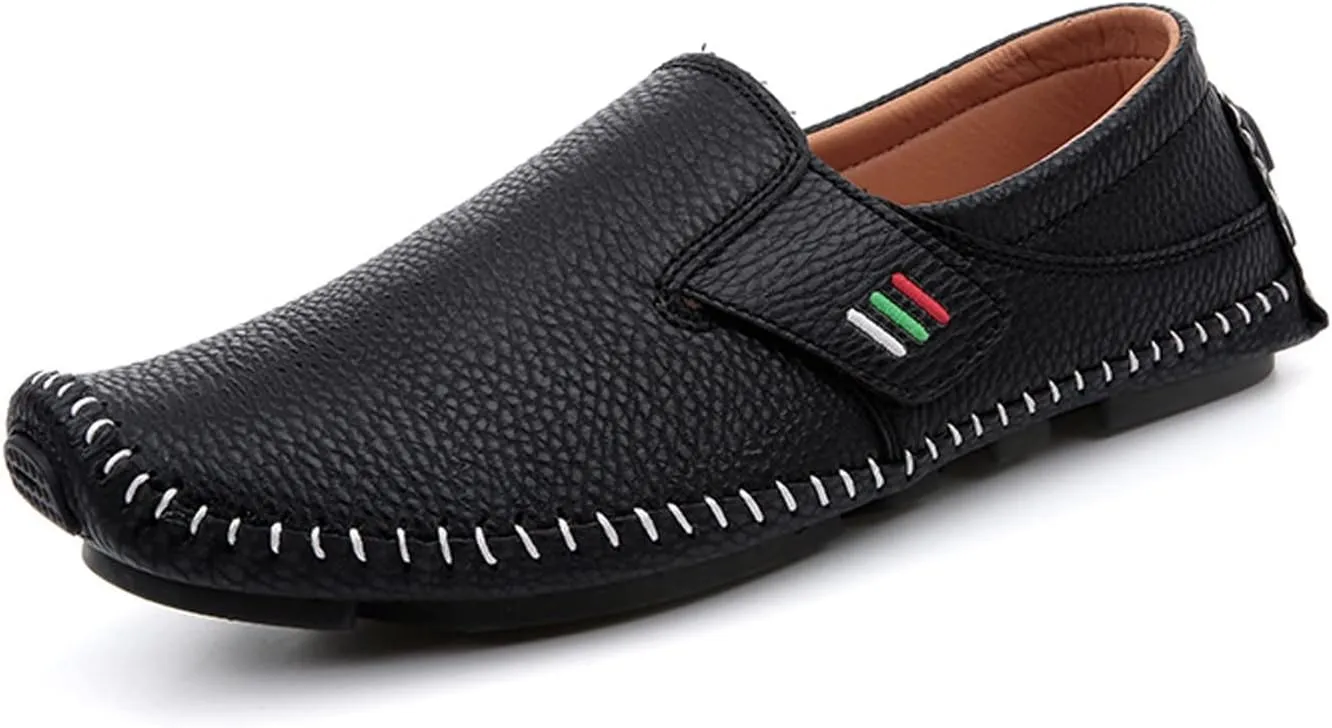 Men's Leather Square Toe Soft Sole Loafers with Hook&Loop,Breathable Comfortable Slip On Flat Moccasin Boat Shoes,Casual Fashion Walking Driving Shoes