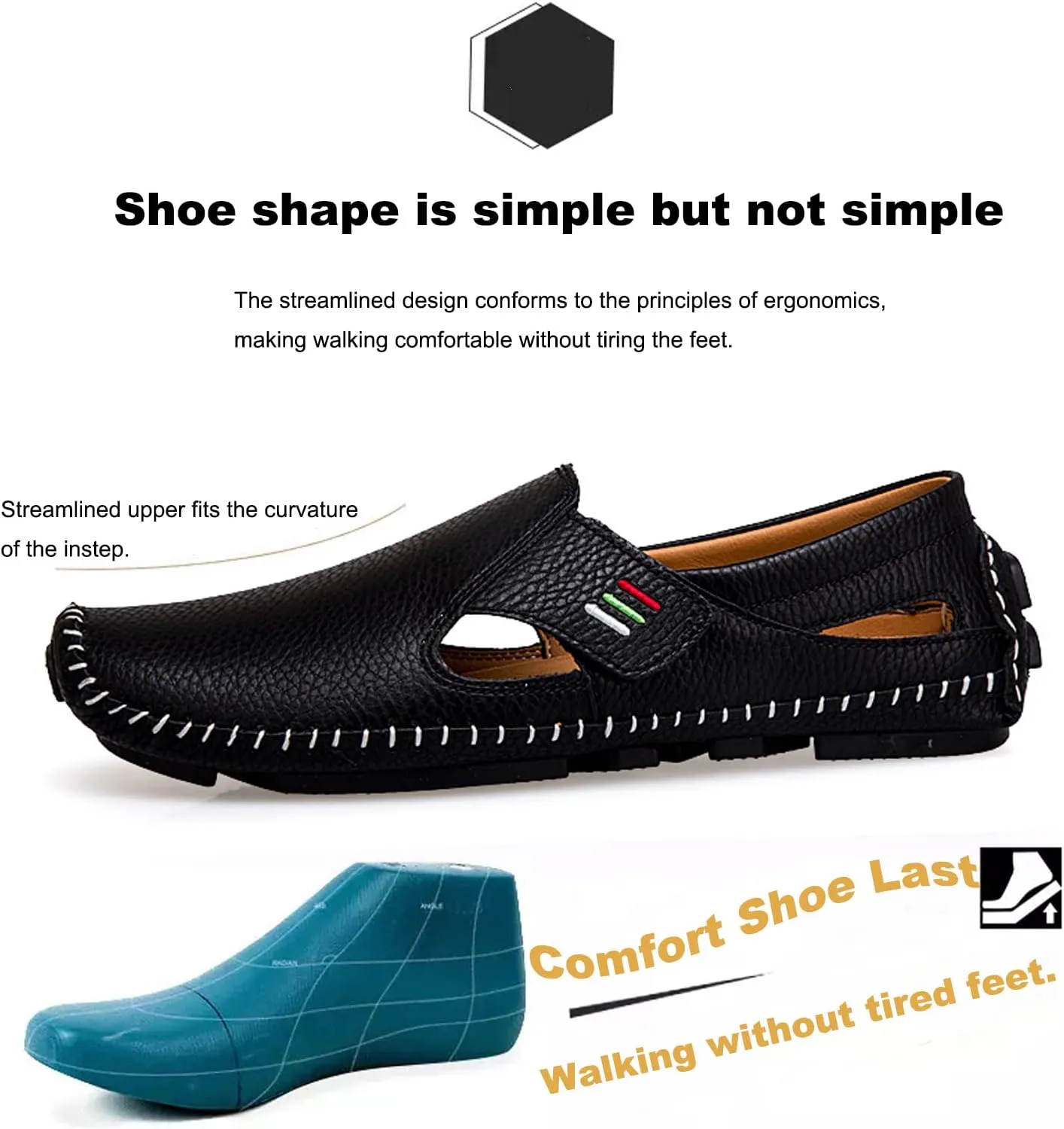 Men's Leather Square Toe Soft Sole Loafers with Hook&Loop,Breathable Comfortable Slip On Flat Moccasin Boat Shoes,Casual Fashion Walking Driving Shoes
