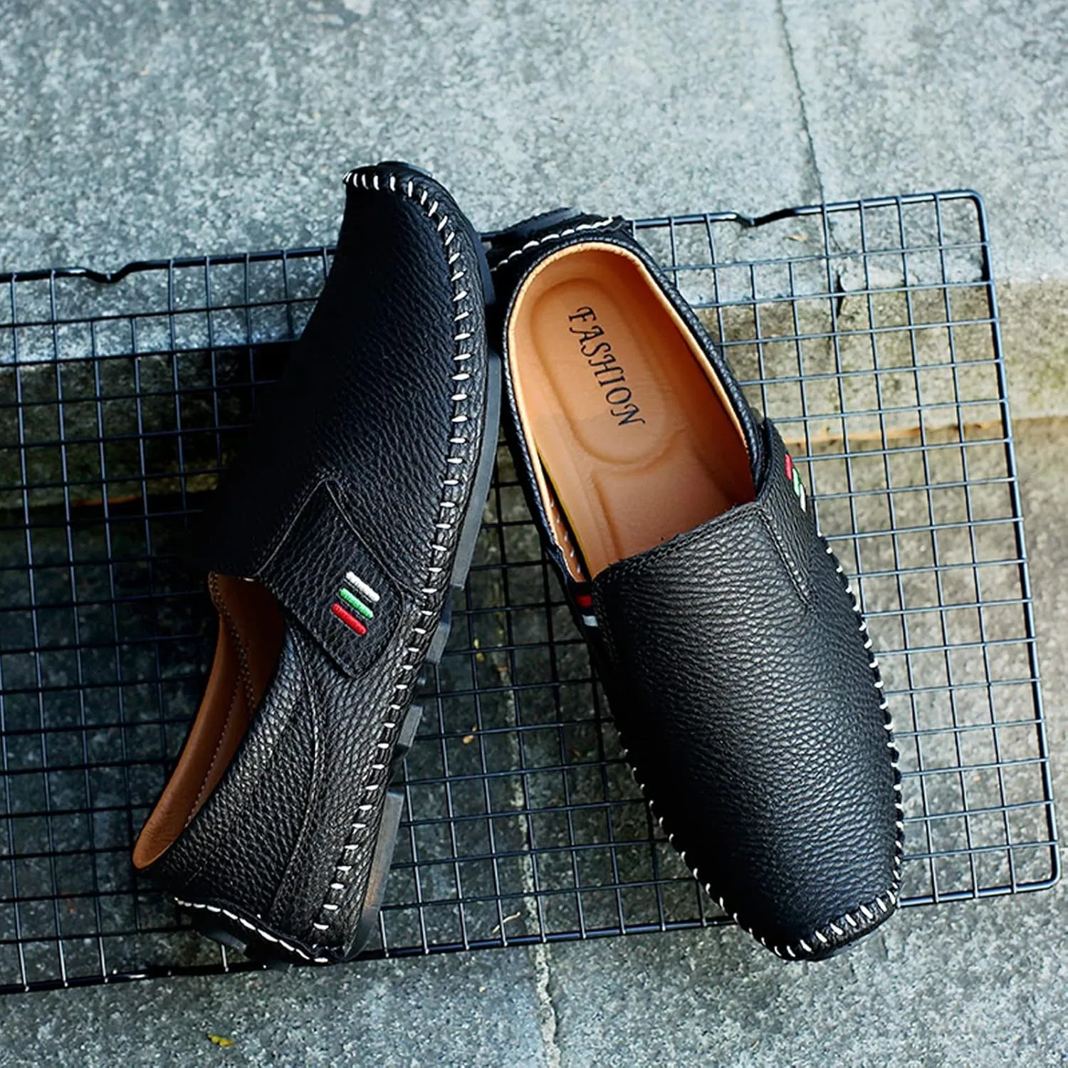 Men's Leather Square Toe Soft Sole Loafers with Hook&Loop,Breathable Comfortable Slip On Flat Moccasin Boat Shoes,Casual Fashion Walking Driving Shoes