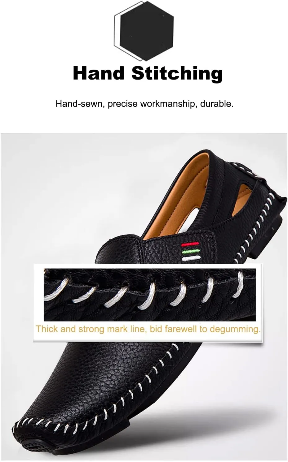 Men's Leather Square Toe Soft Sole Loafers with Hook&Loop,Breathable Comfortable Slip On Flat Moccasin Boat Shoes,Casual Fashion Walking Driving Shoes