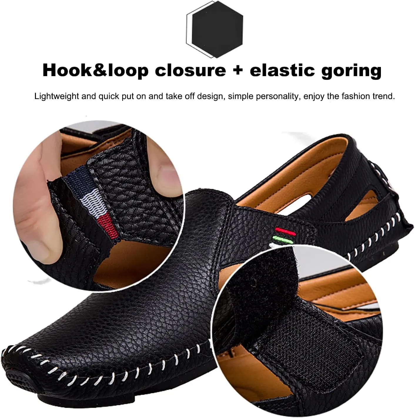 Men's Leather Square Toe Soft Sole Loafers with Hook&Loop,Breathable Comfortable Slip On Flat Moccasin Boat Shoes,Casual Fashion Walking Driving Shoes