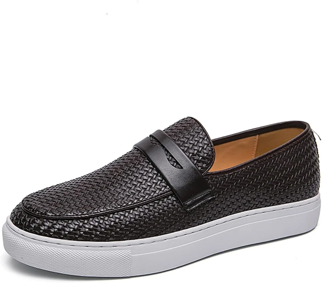 Men's Leather Woven Casual Dress Loafers Fashion Round Toe Lightweight Non-Slip Slip-On Penny Loafers for Driving Parties Office