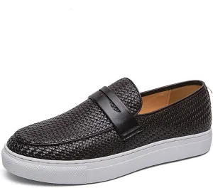Men's Leather Woven Casual Dress Loafers Fashion Round Toe Lightweight Non-Slip Slip-On Penny Loafers for Driving Parties Office