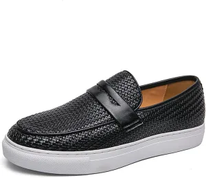 Men's Leather Woven Casual Dress Loafers Fashion Round Toe Lightweight Non-Slip Slip-On Penny Loafers for Driving Parties Office