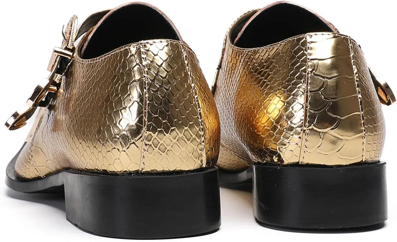 Men's Luxury Patent Leather Dress Shoes - Snakeskin Texture Metal Pointed Toe Metallic Monk Strap Loafers Formal Shoes with Buckle Accent for Wedding Party Bar Singer