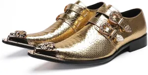Men's Luxury Patent Leather Dress Shoes - Snakeskin Texture Metal Pointed Toe Metallic Monk Strap Loafers Formal Shoes with Buckle Accent for Wedding Party Bar Singer