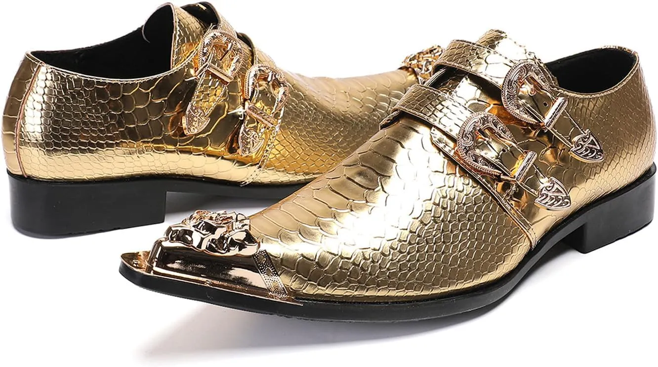Men's Luxury Patent Leather Dress Shoes - Snakeskin Texture Metal Pointed Toe Metallic Monk Strap Loafers Formal Shoes with Buckle Accent for Wedding Party Bar Singer