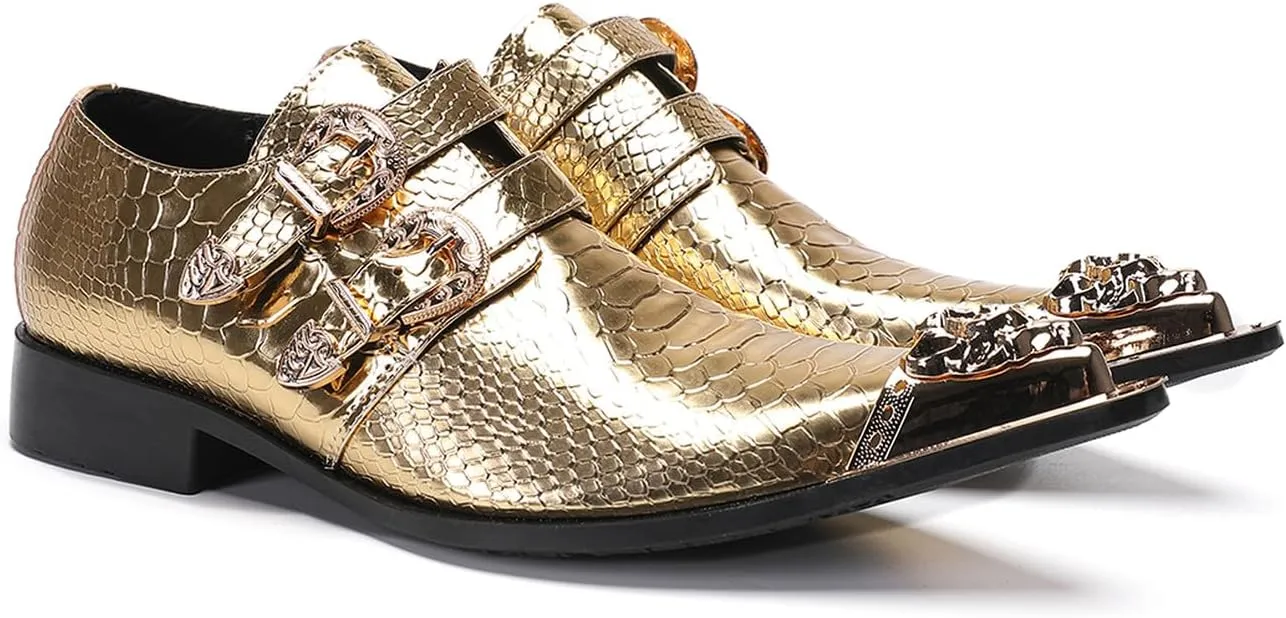 Men's Luxury Patent Leather Dress Shoes - Snakeskin Texture Metal Pointed Toe Metallic Monk Strap Loafers Formal Shoes with Buckle Accent for Wedding Party Bar Singer